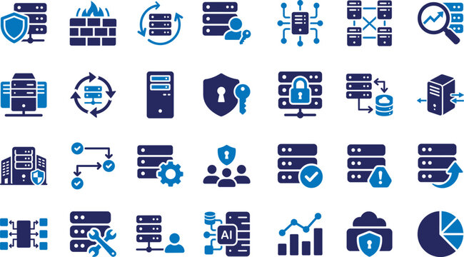 Data security and server management icon set blue glyph style