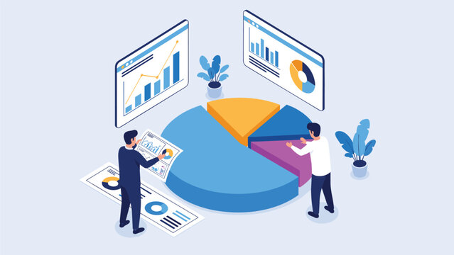 Business professionals analyzing a large pie chart and various data dashboards to measure corporate performance metrics.