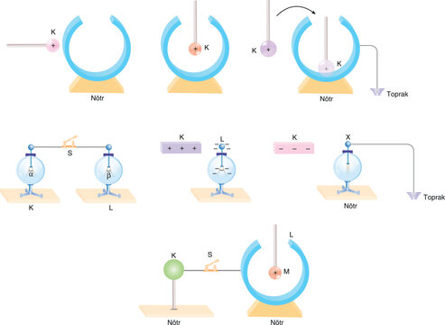 Physics electrostatics education diagrams with electroscopes and conductors, grounding and electric charge distribution illustrations.