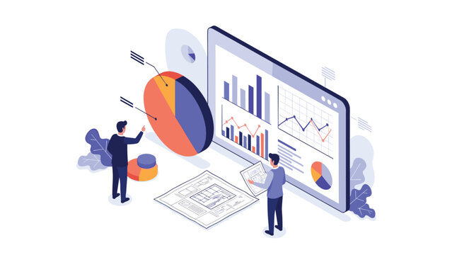 Business analysts examining large data visualization charts and graphs on a digital tablet for strategic corporate planning.