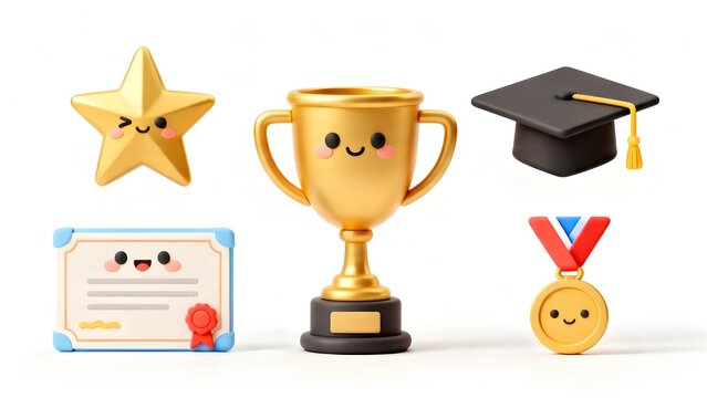 3d icon set of graduation cap trophy certificate and academic medals with cute faces