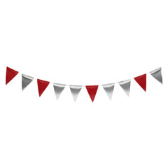 Obraz premium Festive garland of alternating crimson matte and metallic silver triangular pennant flags hanging in a symmetrical curve against a white background festive mood