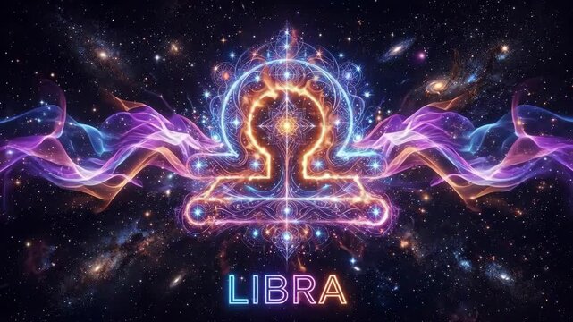 Glowing neon Libra zodiac symbol with colorful wings against a starry cosmic background