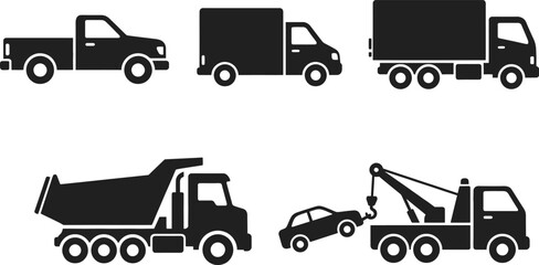 Set of various truck icons, including pickup truck, box truck, delivery truck, dump truck, and tow truck, vector illustration © Top Stock