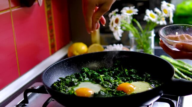 breakfast, eggs, spinach, Healthy spinach eggs breakfast recipe cooked step by step in frying pan cheese on modern kitchen countertop nutritious homemade meal homemade, protein, healthyfood.