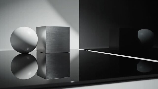 Minimalist composition featuring a matte white sphere and a brushed metal cube resting on a polished black reflective surface against a black and white geometric background.