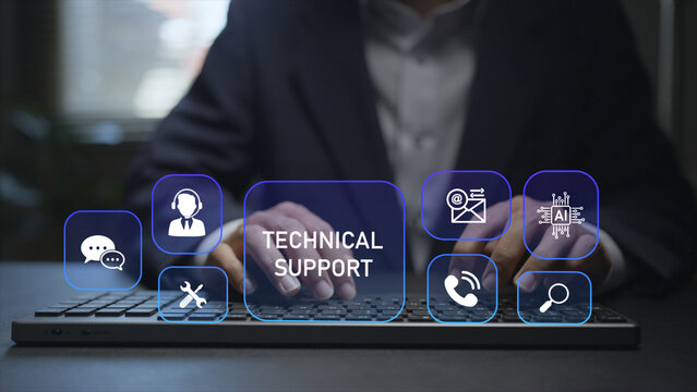 Online technical support platform concept. Person typing keyboard with repair and customer support icons, remote troubleshooting, technology support and digital service assistance.