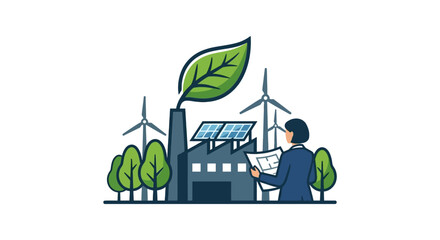Obraz premium Businesswoman inspecting an eco friendly factory with solar panels and wind turbines.