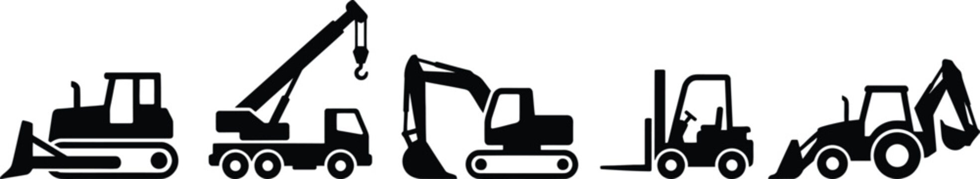 Set of construction machinery silhouettes, including bulldozer, crane truck, excavator, forklift, and backhoe loader