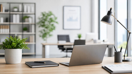 Fototapeta premium Laptop on desk in office and kitchen interior workspace scene