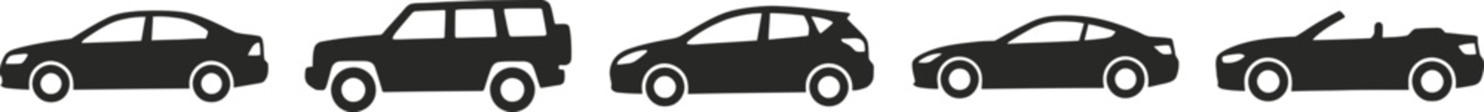 Set of various car body types icons, including sedan, suv, hatchback, coupe, and convertible