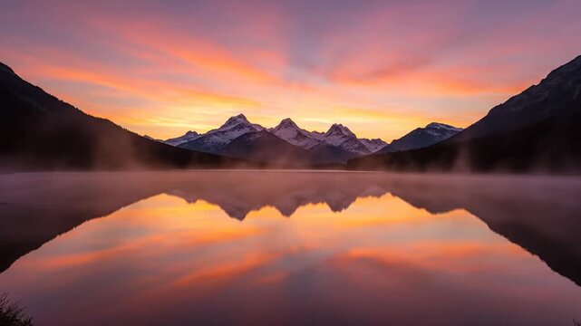 Scenic view of snowy mountain peaks reflecting in a calm lake at dawn with morning mist rising over the water surface under a clear purple and orange twilight sky.