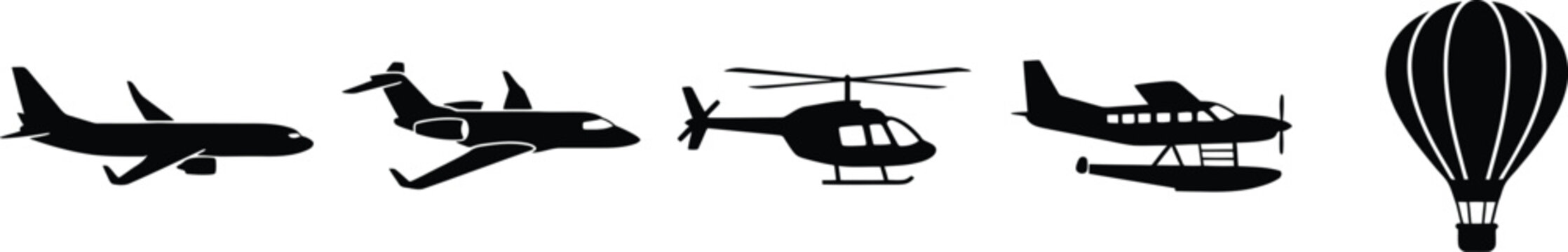 Set of different types of aircraft silhouettes including airplane, private jet, helicopter, seaplane and hot air balloon
