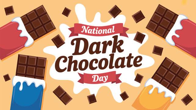 National dark chocolate day festive poster featuring multiple delicious cocoa bars with melting white cream icing on a soft peach background created in a vibrant and colorful flat vector style