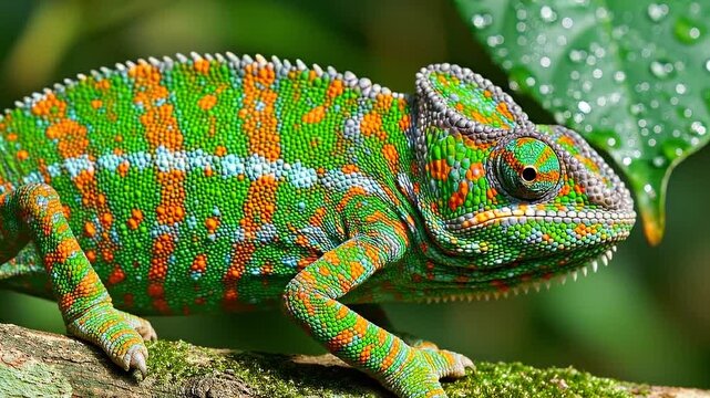 Vibrant Veiled Chameleon on Branch with Green Leaf Background