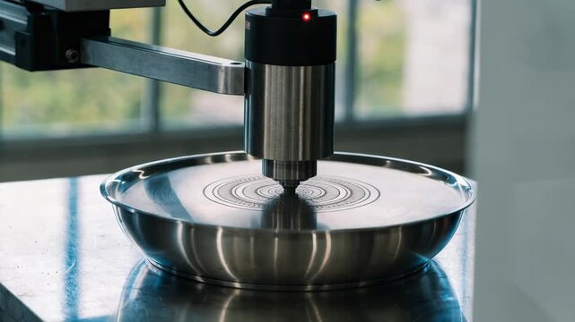 Close medium view of laser marking a clean intricate logo on the flat base of a stainless steel pan emphasizing precision branding and quality control.