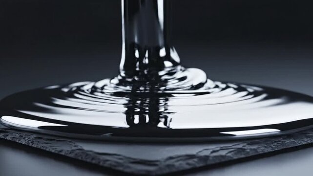 Macro shot of viscous silver metallic liquid flowing and pooling on a dark textured slate surface, featuring highly reflective surfaces and dramatic studio lighting effects.