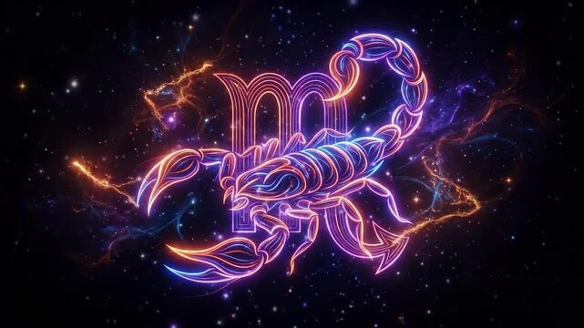 Neon glowing scorpion symbol for the Scorpio zodiac sign against a starry space background. Colorful futuristic  art illustration