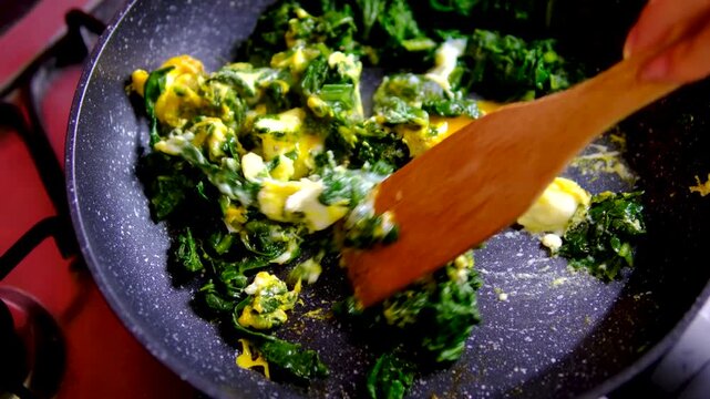 breakfast, eggs, spinach, Healthy spinach eggs breakfast recipe cooked step by step in frying pan cheese on modern kitchen countertop nutritious homemade meal homemade, protein, healthyfood.