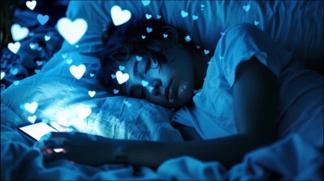 4K video of child in bed at night using tablet with glowing heart symbols floating around in blue lighting. Dreamy bedtime scene with digital device usage.