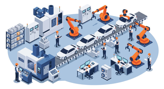 Automated Car Manufacturing Plant with Robotic Arms and Assembly Line Workers in Isometric View
