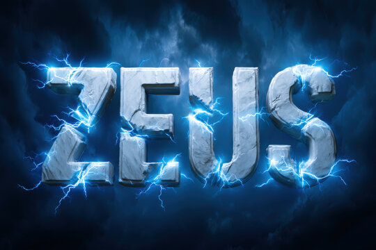 In Thunderous Zeus, the word "ZEUS" is carved out of cracked stone blocks that crackle with intense blue lightning bolts against a dark background of swirling storm clouds
