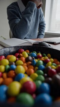 Vertical shot of young adult African American man typing on keyboard, taking break to eat colorful candy from bowl, and resuming work. Ideal for content about office snacking and productivity