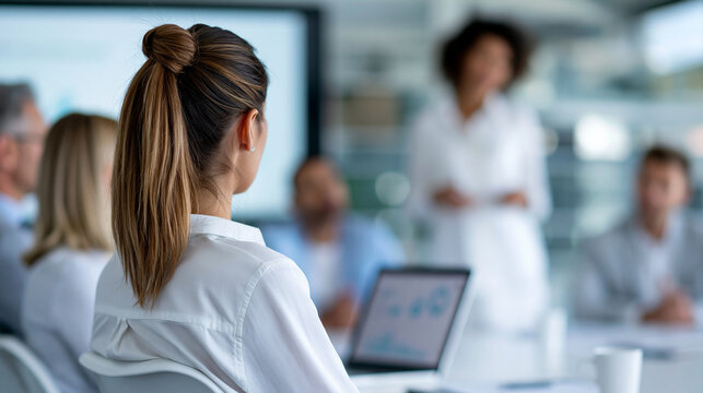 Anonymous female startup founder pitching her business plan to a panel of anonymous angel investors, entrepreneurship and venture capital concept, faceless, defocused, with copy