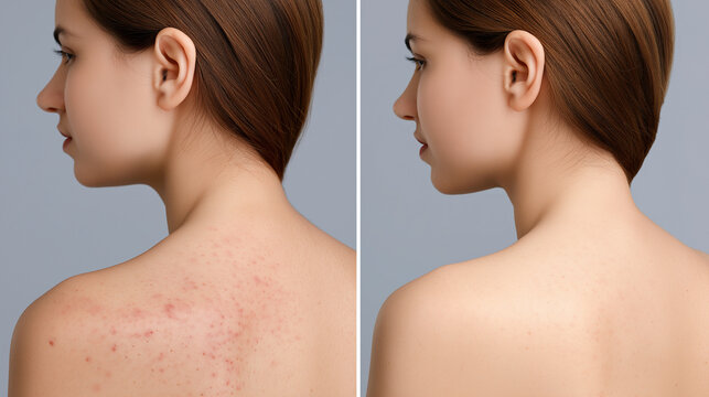 A comparative split image showcasing a woman's upper back before and after successful treatment for mild, diffuse acne and skin blemishes.