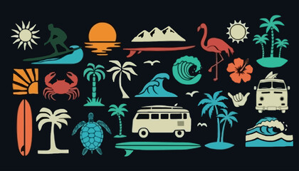 Comprehensive collection of vintage-inspired summer vacation and beach icons, perfect for travel, surf, and tropical design projects © john