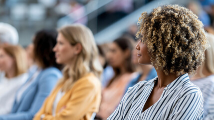 Obraz premium Anonymous diverse group of professional women attending a leadership summit breakout session, female empowerment and corporate conference concept, faceless, defocused modern