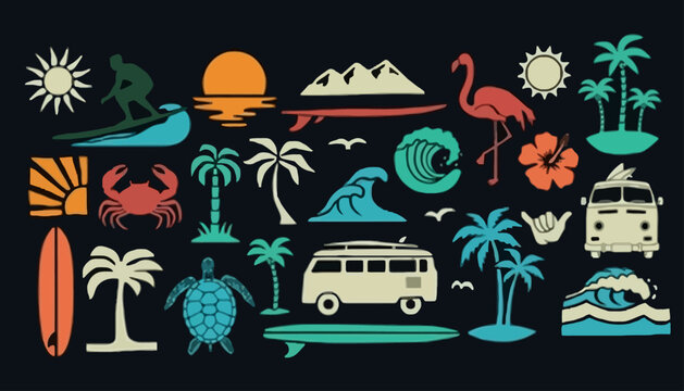 Comprehensive collection of vintage-inspired summer vacation and beach icons, perfect for travel, surf, and tropical design projects