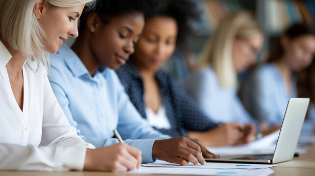 Anonymous group of diverse female legal professionals gathered around a conference table reviewing case files, women in law and corporate teamwork concept, faceless, defocused