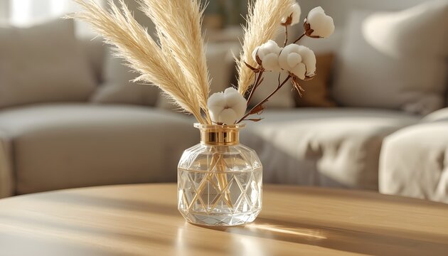 Elegant glass hamper used as a decorative vase on an empty minimalist wooden table with natural light