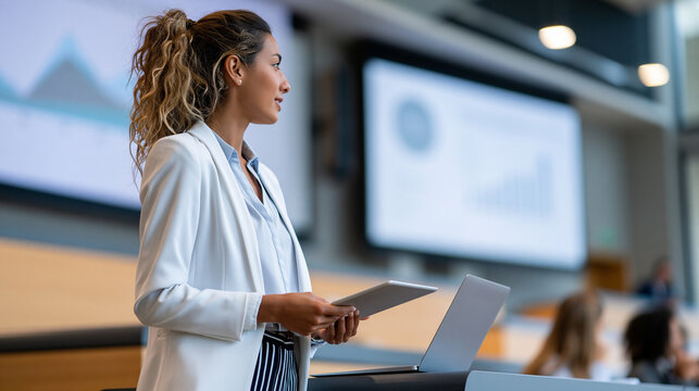 Anonymous female corporate attorney presenting a compelling argument using projected slides in a modern courtroom, legal advocacy and digital presentation concept, faceless,