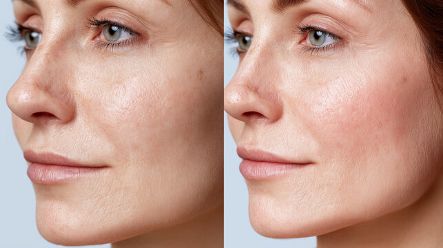 Side-by-side comparison shows a woman's skin before treatment for hyperpigmentation and sun spots, and after achieving a more even skin tone.
