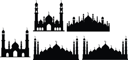 Islamic Mosque Silhouette Collection with Minarets Domes and Crescent Symbols © Jannatun