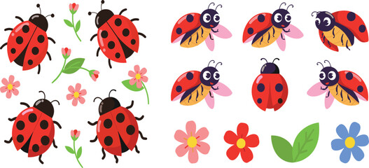 Cute Ladybug Insect Collection with Flowers and Garden Nature Elements © Jannatun
