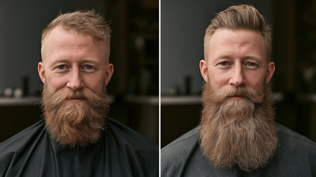 This striking before and after portrait captures a man's significant grooming transformation, featuring a messy haircut and long beard evolved into a perfectly styled, fresh look.