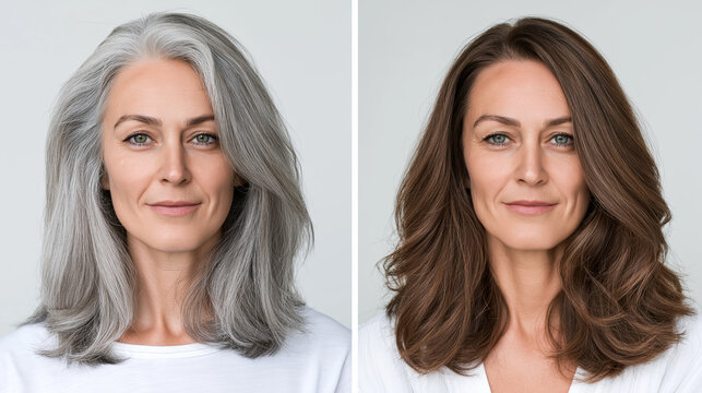 A stunning side-by-side comparison reveals a mature woman's impressive hair transformation, evolving from distinguished natural gray locks to a vibrant and youthful shade of brown.