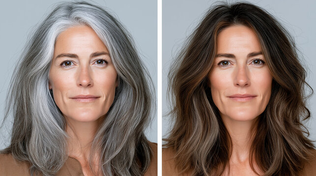 A beautiful portrait of a mature woman vividly illustrates a striking hair transformation, transitioning from natural gray to a rich, youthful brown color.
