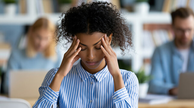 Anonymous woman employee in an office feeling resentment against the background of scolding colleagues, workplace conflict and emotional stress concept, faceless, defocused, with