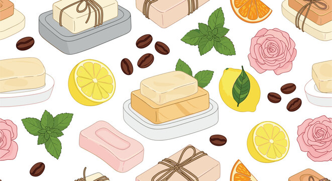 Beautiful seamless pattern of handmade soap bars, lemon slices, coffee beans, and rose flowers for wellness branding.