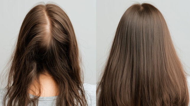 A stark visual comparison displays a woman's hair before and after a successful treatment showcasing significant improvement in hair density and scalp coverage from thinning to fuller healthier locks.