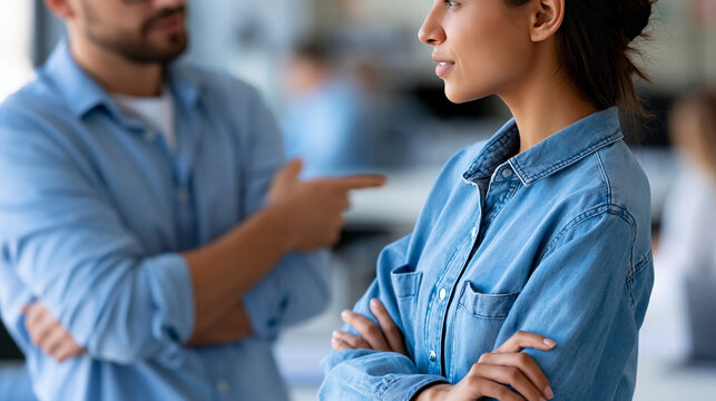 Anonymous young female boss standing in the office scolding a male IT department employee, workplace authority and management conflict concept, faceless, defocused, with copy space