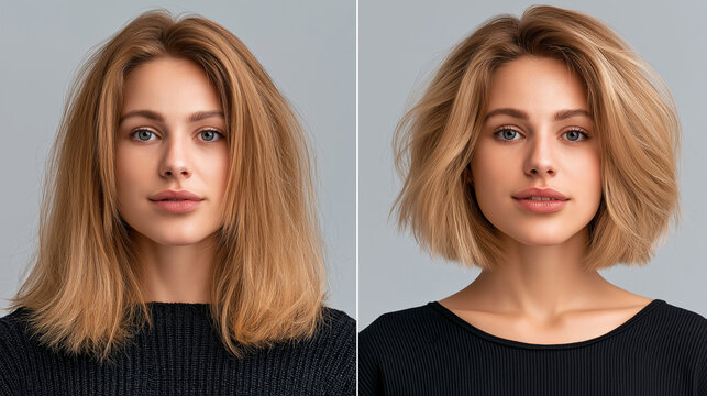 A woman with light brown, somewhat frizzy hair is transformed into a sleek, polished, and voluminous short bob hairstyle.