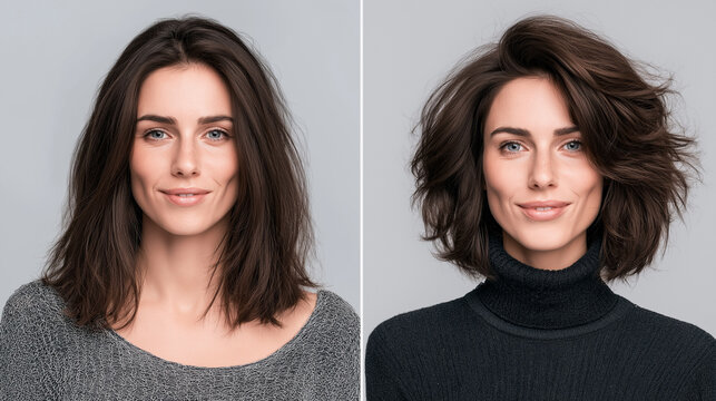 A woman's appearance is dramatically altered from long, dark, slightly messy hair to a chic, voluminous, and texturized short bob style.