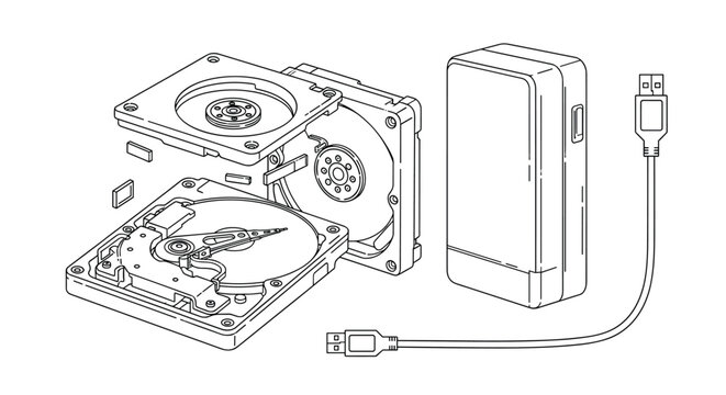 Detailed line drawing of computer hardware including a disassembled hard disk drive, an external enclosure, and a usb cable for data storage.