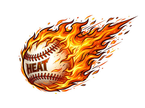 Flaming baseball with 'heat' text isolated on transparent background