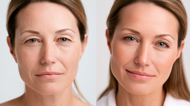 A side-by-side portrait comparison of a woman's face, showing the appearance of sagging eyelids and wrinkles on the left, and a lifted, smoother, and more youthful look on the right.